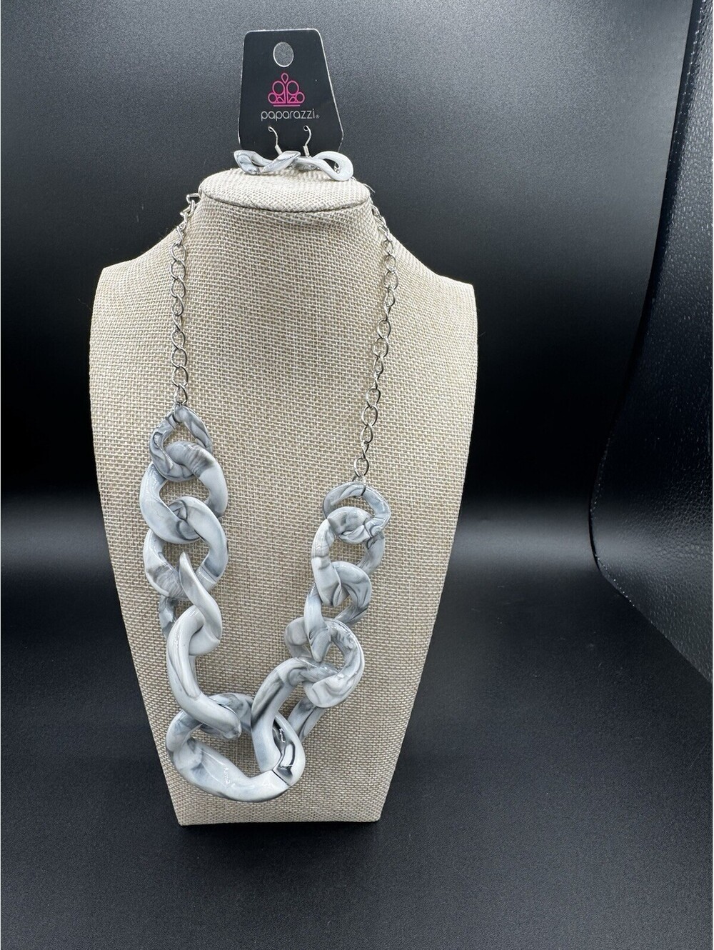 Paparazzi Gray Marble Acrylic Chain Link Necklace Earrings Set NWT Statement